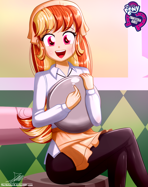 Size: 920x1160 | Tagged: safe, artist:the-butch-x, derpibooru import, oc, oc:mandarine mélange, unofficial characters only, equestria girls, butch's hello, crossed legs, cute, equestria girls logo, female, happy, hello x, looking at you, plate, signature, sitting, smiling, solo