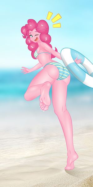 Size: 2000x4000 | Tagged: artist needed, safe, artist:lzh, derpibooru import, pinkie pie, equestria girls, balloonbutt, barefoot, beach, bikini, blushing, butt, clothes, feet, female, inner tube, looking at you, looking back, looking back at you, midriff, ocean, one eye closed, open mouth, running, sky, smiling, solo, striped swimsuit, stupid sexy pinkie, sunlight, swimsuit, wink, winking at you