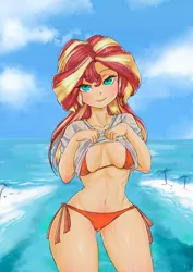 Size: 1500x2122 | Tagged: suggestive, artist:mrs1989, derpibooru import, sunset shimmer, equestria girls, absolute cleavage, adorasexy, beach, bedroom eyes, belly button, bikini, breasts, cleavage, clothes, cute, exposed, female, flashing, lidded eyes, looking at you, sexy, shimmerbetes, shirt, shirt lift, side-tie bikini, smiling, solo, solo female, stupid sexy sunset shimmer, swimsuit, thighs, undressing