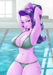 Size: 1500x2122 | Tagged: suggestive, artist:mrs1989, derpibooru import, starlight glimmer, equestria girls, armpits, bedroom eyes, belly button, big breasts, bikini, breasts, busty starlight glimmer, cleavage, clothes, curvy, cutie mark, cutie mark on equestria girl, female, lidded eyes, looking at you, ponytail, sexy, solo, solo female, stupid sexy starlight glimmer, swimming pool, swimsuit, thighs