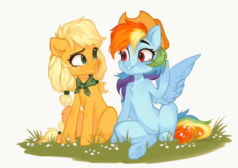 Size: 1024x723 | Tagged: safe, artist:sofiko-ko, derpibooru import, applejack, rainbow dash, earth pony, pegasus, pony, accessory swap, appledash, chest fluff, cute, dashabetes, female, grass, jackabetes, lesbian, looking at each other, mare, shipping, simple background, sitting, smiling, white background