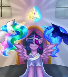 Size: 3538x4000 | Tagged: safe, artist:darklight1315, artist:sane, derpibooru import, princess celestia, princess luna, twilight sparkle, twilight sparkle (alicorn), alicorn, pony, the last problem, cheek fluff, chest fluff, clothes, collaboration, coronation dress, crown, dress, ear fluff, jewelry, regalia, scene interpretation, second coronation dress, spread wings, wings