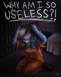 Size: 2000x2500 | Tagged: safe, artist:shimmer-shy, derpibooru import, rainbow dash, equestria girls, bed, cell, clothes, crying, female, freckles, grabbing hair, prison, prison outfit, prisoner rd, scratches, solo