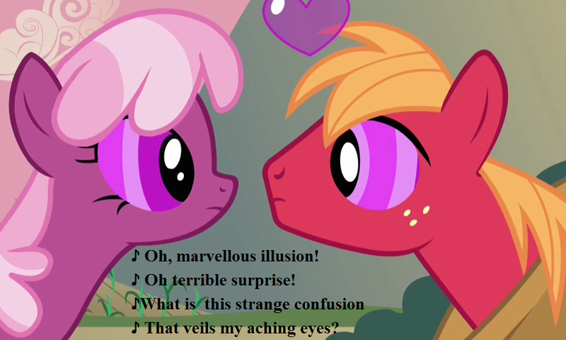 Size: 945x567 | Tagged: safe, derpibooru import, edit, edited screencap, screencap, big macintosh, cheerilee, hearts and hooves day (episode), cheerimac, cropped, female, gilbert and sullivan, heart, love poison, lyrics, male, shipping, song reference, straight, swirly eyes, text, the sorcerer (opera)