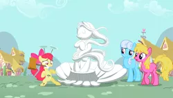 Size: 1920x1080 | Tagged: safe, derpibooru import, screencap, apple bloom, cherry berry, linky, shoeshine, earth pony, pony, the cutie pox, background pony, female, fine art parody, hammer, mare, statue, the birth of venus, we don't normally wear clothes