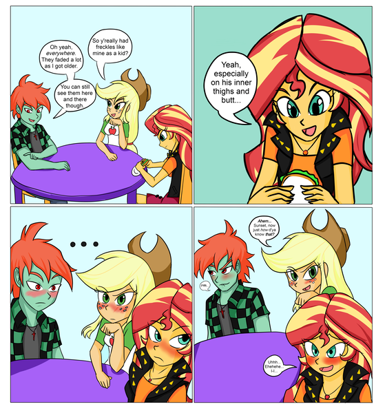 Size: 5578x5988 | Tagged: safe, artist:sodaska, derpibooru import, applejack, sunset shimmer, oc, oc:ruby sword, human, equestria girls, bedroom eyes, blushing, blushing profusely, canon x oc, comic, embarrassed, food, freckles, geode of empathy, implied nudity, implied sex, lidded eyes, looking at each other, looking away, magical geodes, pfft, realization, sandwich, shipping, sitting, snickering, sunsword