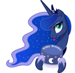 Size: 1280x1252 | Tagged: safe, artist:johnjoseco, artist:negatif22, derpibooru import, princess luna, alicorn, pony, .svg available, :p, birthday cake, blushing, bust, cake, cute, female, food, happy birthday, lunabetes, mare, portrait, simple background, solo, tongue out, transparent background, vector
