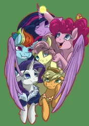 Size: 2039x2894 | Tagged: safe, alternate version, artist:banoodle, derpibooru import, applejack, fluttershy, pinkie pie, princess twilight 2.0, rainbow dash, rarity, twilight sparkle, twilight sparkle (alicorn), alicorn, earth pony, pegasus, pony, unicorn, the last problem, female, green background, hat, mane six, mare, older, older applejack, older fluttershy, older mane six, older pinkie pie, older rainbow dash, older rarity, older twilight, open mouth, simple background, smiling