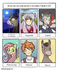 Size: 818x977 | Tagged: safe, derpibooru import, fluttershy, anthro, donkey, human, pegasus, pony, wolf, six fanarts, anthro with ponies, beastars, bust, clothes, crossover, cute, female, full moon, haikyuu, hinata shouyou, inuyasha, inuyasha (character), legosi (beastars), male, mare, moon, necktie, shyabetes, smiling