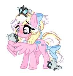 Size: 1895x1980 | Tagged: safe, artist:emberslament, derpibooru import, oc, oc:bay breeze, unofficial characters only, changeling, changeling larva, nymph, pegasus, pony, alternate hairstyle, apron, baby, baby changeling, blushing, bow, clothes, cute, female, hair bow, heart eyes, mare, mother, ocbetes, simple background, tail bow, white background, wing hands, wingding eyes, wings