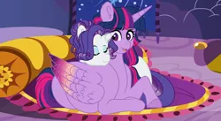 Size: 4816x2640 | Tagged: safe, artist:roses-are-gold, derpibooru import, rarity, twilight sparkle, twilight sparkle (alicorn), alicorn, pony, colored wings, female, lesbian, lying down, multicolored wings, prone, rarilight, shipping, wings