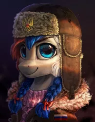 Size: 1920x2460 | Tagged: safe, artist:rysunkowasucharia, derpibooru import, oc, oc:marussia, ponified, unofficial characters only, earth pony, pony, bust, clothes, female, hat, jacket, looking at you, mare, nation ponies, portrait, russia, smiling, solo, sweater, ushanka