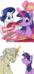 Size: 1280x2745 | Tagged: safe, artist:rutkotka, derpibooru import, rarity, twilight sparkle, twilight sparkle (alicorn), ponified, alicorn, pony, unicorn, book, geralt of rivia, jewelry, levitation, magic, necklace, quill, telekinesis, the witcher