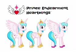 Size: 1280x873 | Tagged: safe, artist:parclytaxel, artist:starponys87, derpibooru import, oc, oc:prince endearment, unofficial characters only, alicorn, pony, alicorn oc, angelic wings, armor, crown, heart, horn, jewelry, male, male alicorn, male alicorn oc, peytral, regalia, simple background, smiling, spread wings, stallion, unshorn fetlocks, white background, wings