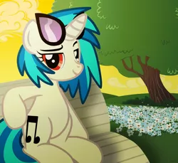 Size: 7200x6600 | Tagged: safe, artist:agkandphotomaker2000, derpibooru import, vinyl scratch, pony, unicorn, absurd resolution, afternoon, bench, chillaxing, dj glasses, female, flower, hill, looking at you, raised eyebrows, red eyes, show accurate, sitting, solo, tree