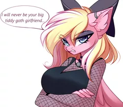 Size: 2736x2375 | Tagged: safe, artist:airiniblock, derpibooru import, oc, oc:bay breeze, unofficial characters only, anthro, pegasus, big breasts, big titty goth gf, bow, breasts, choker, cleavage, clothes, collar, crossed arms, dialogue, ear fluff, ear piercing, eyebrow piercing, eyeshadow, floppy ears, frown, glare, goth, gritted teeth, hair bow, looking at you, makeup, piercing, raised eyebrow, rcf community, simple background, snake bites, solo, speech bubble, tsundere, white background