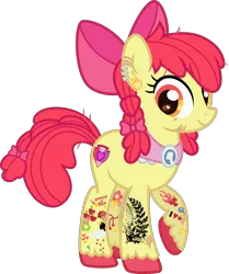 Size: 3500x4191 | Tagged: safe, artist:n0kkun, derpibooru import, apple bloom, earth pony, pony, alternate hairstyle, apple bloom's bow, bow, cutie mark, ear piercing, earring, eye scar, female, hair bow, headcanon, jewelry, mare, older, older apple bloom, piercing, raised hoof, scar, simple background, solo, tattoo, the cmc's cutie marks, transparent background, unshorn fetlocks