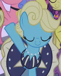 Size: 294x366 | Tagged: safe, derpibooru import, screencap, eclair créme, jangles, masquerade, primrose, royal ribbon, earth pony, pony, sweet and elite, clothes, cropped, dress, eyes closed, female, jewelry, mare, necklace, pearl necklace, raised hoof, solo focus