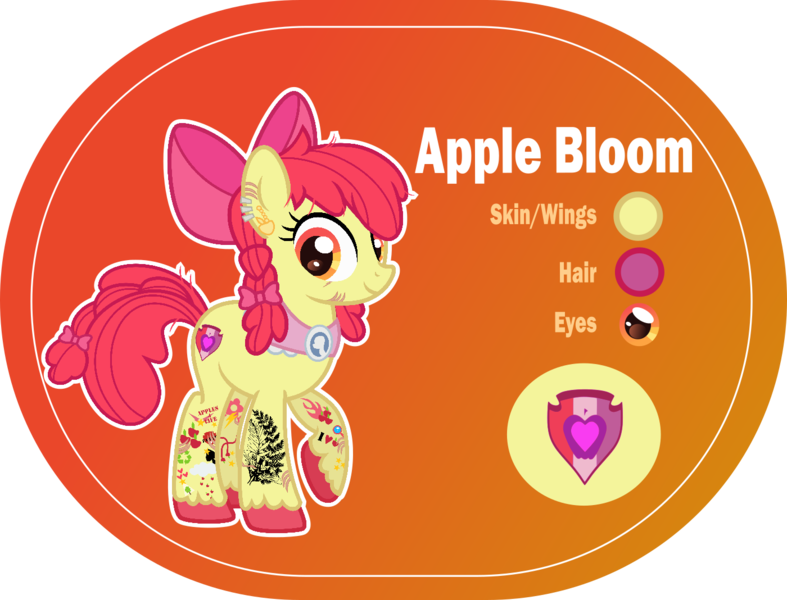 Size: 1400x1068 | Tagged: safe, artist:n0kkun, derpibooru import, apple bloom, earth pony, pony, alternate hairstyle, apple bloom's bow, bow, cutie mark, ear piercing, earring, eye scar, female, hair bow, headcanon, jewelry, mare, older, older apple bloom, orange background, piercing, raised hoof, reference sheet, scar, simple background, solo, tattoo, the cmc's cutie marks, transparent background, unshorn fetlocks