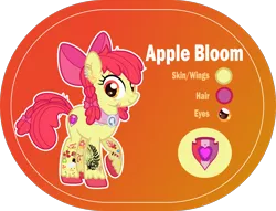 Size: 1400x1068 | Tagged: safe, artist:n0kkun, derpibooru import, apple bloom, earth pony, pony, alternate hairstyle, apple bloom's bow, bow, cutie mark, ear piercing, earring, eye scar, female, hair bow, headcanon, jewelry, mare, older, older apple bloom, orange background, piercing, raised hoof, reference sheet, scar, simple background, solo, tattoo, the cmc's cutie marks, transparent background, unshorn fetlocks