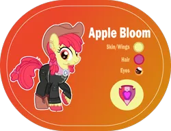 Size: 1400x1068 | Tagged: safe, artist:n0kkun, derpibooru import, apple bloom, earth pony, pony, alternate hairstyle, belt, boots, clothes, cowboy boots, cowboy hat, cutie mark, ear piercing, earring, eye scar, female, hat, jacket, jeans, jewelry, mare, older, older apple bloom, orange background, pants, piercing, raised hoof, reference sheet, scar, shoes, simple background, solo, suit, the cmc's cutie marks, transparent background, unshorn fetlocks