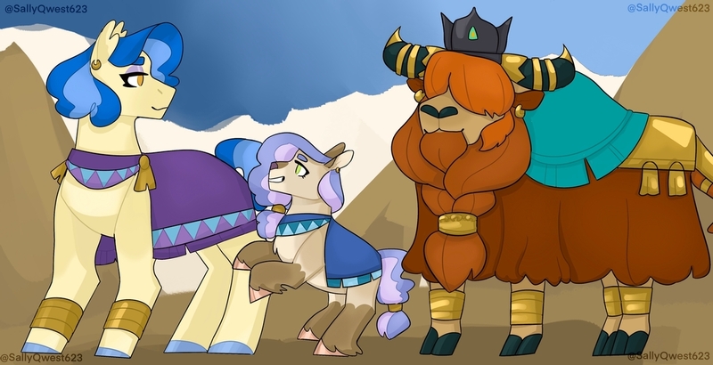 Size: 1280x656 | Tagged: safe, artist:sallyqwest623, derpibooru import, prince rutherford, sapphire shores, oc, oc:sugar foot, oc:yngvlid, earth pony, hybrid, original species, yak, yakony, auraverse, father and child, father and daughter, female, male, mother and child, mother and daughter, parent:prince rutherford, parent:sapphire shores, parents:ruthphire