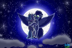 Size: 3000x2000 | Tagged: safe, artist:evelyncat, derpibooru import, coco pommel, soarin', earth pony, pegasus, cloud, female, flying, male, moon, night, shipping, soarinpommel, stars, straight