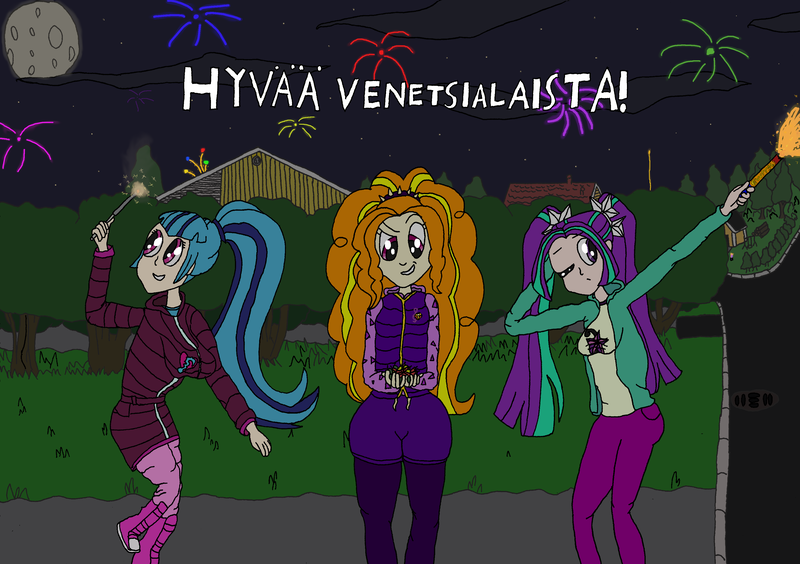 Size: 3504x2471 | Tagged: safe, artist:ewrrfb, derpibooru import, adagio dazzle, aria blaze, sonata dusk, equestria girls, asphalt, blue hair, celebrating, celebration, clothes, dark, female, finnish, firecracker, firecrackers, fireworks, grass, hedge, hoodie, houses, logs, manhole, moon, night, nightsky, orange hair, purple eyes, purple hair, roman candle, roof, smoke, sparkler (firework), stars, text, the dazzlings, tree, venetian festival, white text