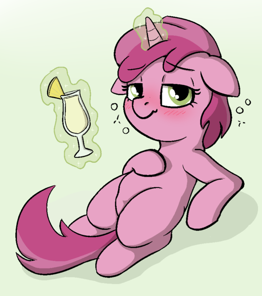 Size: 852x962 | Tagged: suggestive, artist:heretichesh, derpibooru import, ruby pinch, pony, unicorn, alcohol, blushing, drunk, drunk bubbles, drunk filly, female, filly, flushed face, food, magic, magic aura, pineapple, piña colada (drink), solo, solo female, underaged drinking