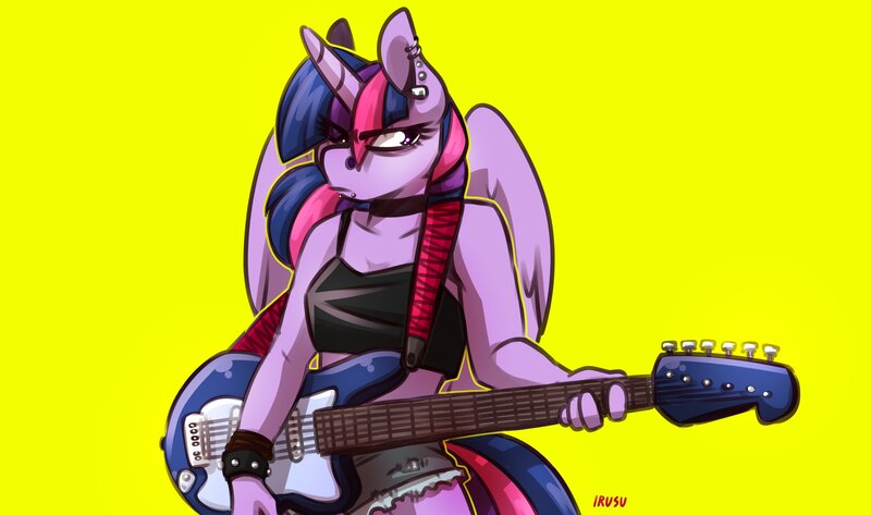 Size: 3555x2100 | Tagged: alicorn, alternate hairstyle, anthro, artist:lrusu, breasts, cleavage, clothes, derpibooru import, ear piercing, earring, electric guitar, female, guitar, jewelry, musical instrument, piercing, punk, punklight sparkle, ripped shorts, safe, short shirt, simple background, snake bites, solo, twilight sparkle, twilight sparkle (alicorn), yellow background