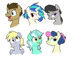 Size: 2400x2000 | Tagged: safe, artist:yaaaco, derpibooru import, bon bon, derpy hooves, doctor whooves, lyra heartstrings, octavia melody, sweetie drops, time turner, vinyl scratch, earth pony, pegasus, pony, unicorn, alternate hairstyle, background six, doctorderpy, ear piercing, earring, female, grin, jewelry, lesbian, lyrabon, male, mare, older bon bon, older derpy hooves, older lyra heartstrings, open mouth, piercing, scratchtavia, shipping, simple background, sketch, smiling, stallion, straight, white background