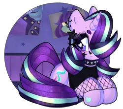 Size: 3365x3000 | Tagged: safe, artist:bunxl, derpibooru import, starlight glimmer, pony, unicorn, the parent map, choker, ear piercing, edgelight glimmer, female, fishnets, high res, lying down, mare, nose piercing, piercing, poster, prone, simple background, solo, spiked choker, teenage glimmer, teenager, transparent background