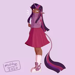 Size: 2000x2000 | Tagged: safe, artist:miffxn, derpibooru import, twilight sparkle, human, alternate hairstyle, clothes, converse, dark skin, eared humanization, female, horn, horned humanization, humanized, leonine tail, purple background, shoes, simple background, skirt, socks, solo, sweater, tailed humanization, twilight is not amused, unamused