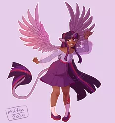Size: 1740x1868 | Tagged: alicorn humanization, alternate hairstyle, artist:miffxn, belt, blushing, clothes, cutie mark on human, cutie mark tattoo, dark skin, derpibooru import, eared humanization, female, flats, grin, horn, horned humanization, human, humanized, leonine tail, purple background, safe, see-through, shirt, shoes, simple background, skirt, smiling, socks, solo, tailed humanization, tattoo, twilight sparkle, waving, winged humanization, wings