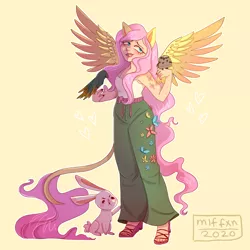 Size: 3000x3000 | Tagged: alternate hairstyle, angel bunny, animal, artist:miffxn, bird, blushing, butterfly, clothes, cutie mark on human, cutie mark tattoo, derpibooru import, eared humanization, feet, female, fluttershy, human, humanized, insect, leonine tail, lipstick, male, nail polish, owl, pants, parrot, rabbit, safe, sandals, simple background, solo, sweatpants, tailed humanization, tanktop, tattoo, toenail polish, toes, winged humanization, wings, yellow background
