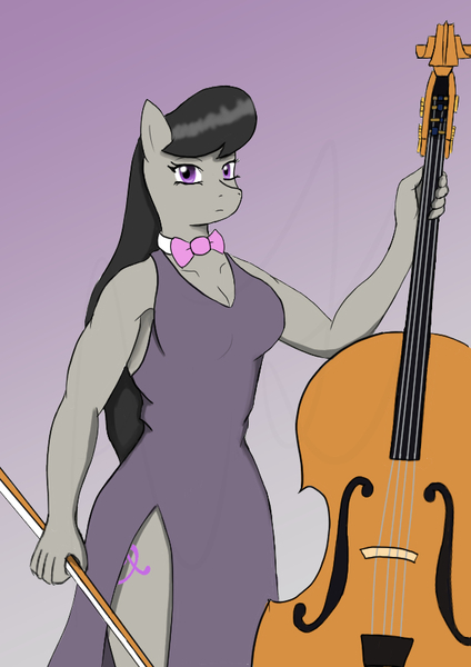 Size: 595x842 | Tagged: safe, artist:afhybrid, derpibooru import, octavia melody, anthro, earth pony, bow, bowtie, breasts, cello, clothes, dress, female, musical instrument, side slit, simple background, solo, total sideslit