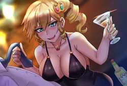 Size: 1024x695 | Tagged: suggestive, artist:tzc, derpibooru import, applejack, human, absolute cleavage, alcohol, alternate hairstyle, anime, applejewel, beautiful, big breasts, black dress, blushing, braless, breasts, busty applejack, classy, cleavage, clothes, dress, drunk, ear piercing, eyebrows visible through hair, female, female focus, freckles, hanging breasts, huge breasts, humanized, jewelry, little black dress, long nails, looking at you, martini, martini glass, necklace, necktie, offscreen character, piercing, seductive, solo focus, stupid sexy applejack, wrong eye color