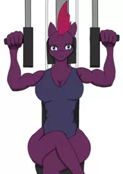 Size: 595x842 | Tagged: safe, artist:afhybrid, derpibooru import, tempest shadow, anthro, unicorn, breasts, broken horn, busty tempest shadow, clothes, crossed legs, exercise machine, female, gym, horn, leotard, looking at you, muscles, muscular female, simple background, sitting, temple shadow, weight lifting, white background, workout