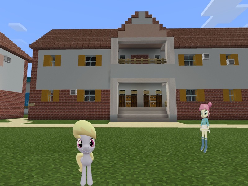 Size: 2048x1536 | Tagged: safe, artist:topsangtheman, derpibooru import, cloud kicker, majorette, sweeten sour, pegasus, pony, equestria girls, 3d, female, house, looking at you, minecraft, source filmmaker