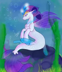 Size: 2400x2800 | Tagged: safe, artist:sashakruchkinatv, derpibooru import, queen novo, seapony (g4), my little pony: the movie, bioluminescent, bubble, crown, eyelashes, female, fins, fin wings, fish tail, jewelry, purple eyes, regalia, rock, seaweed, signature, smiling, solo, underwater, water, wings