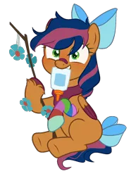 Size: 927x1198 | Tagged: safe, artist:al-lat, derpibooru import, oc, oc:solar comet, unofficial characters only, pegasus, pony, bandaid, bandana, bow, clothes, flower, glue, hair bow, simple background, sitting, smiling, sock, socks, solo, stick, striped socks, tail bow, transparent background