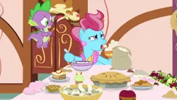Size: 1920x1080 | Tagged: safe, derpibooru import, screencap, cup cake, spike, dragon, pony, the big mac question, apple, batter, female, flour, food, mare, pie, tongue out, winged spike