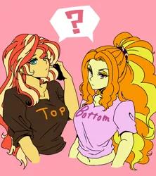 Size: 1600x1800 | Tagged: suggestive, artist:raika0306, derpibooru import, adagio dazzle, sunset shimmer, equestria girls, bottom, breasts, clothes, female, lesbian, looking at you, question mark, shipping, shirt, sunsagio, top