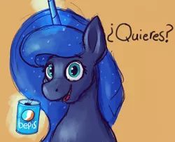 Size: 2048x1651 | Tagged: safe, artist:dummyhorse, derpibooru import, princess luna, alicorn, pony, bepis, bust, dialogue, drink, female, glowing horn, holding, horn, looking at you, magic, mare, offering, open mouth, orange background, simple background, smiling, solo, spanish, talking to viewer, telekinesis, three quarter view, translated in the description, ¿quieres?