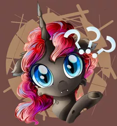 Size: 2643x2830 | Tagged: safe, artist:eris azure, derpibooru import, changeling queen oc, oc, oc:staurora glitter, unofficial characters only, changeling, changeling queen, blue eyes, female, question mark, red mane, simple background, solo