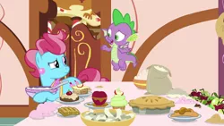 Size: 1920x1080 | Tagged: safe, derpibooru import, screencap, cup cake, spike, dragon, pony, the big mac question, apple, batter, female, flour, food, mare, pie, winged spike