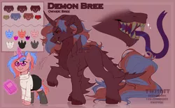 Size: 3059x1900 | Tagged: safe, artist:twisoft, derpibooru import, oc, oc:bree, unofficial characters only, demon, demon pony, original species, unicorn, clothes, fangs, glasses, horn, horns, palette, reference, reference sheet, sharp teeth, simple background, teeth, tongue out, transformation, unicorn oc