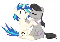 Size: 2600x1800 | Tagged: safe, artist:yaaaco, derpibooru import, octavia melody, vinyl scratch, earth pony, pony, unicorn, blushing, boop, bowtie, cute, eyes closed, female, flustered, lesbian, mare, noseboop, raised hoof, scratchtavia, scrunchy face, shipping, simple background, sitting, smiling, tavibetes, white background