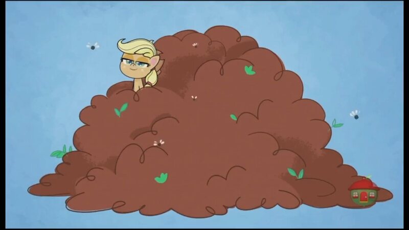 Size: 1280x720 | Tagged: safe, derpibooru import, screencap, applejack, earth pony, fly, insect, pony, my little pony: pony life, spoiler:pony life s01e20, spoiler:pony life s01e34, female, fertilizer, mare, out of context, solo, the 5 habits of highly effective ponies, treehouse logo