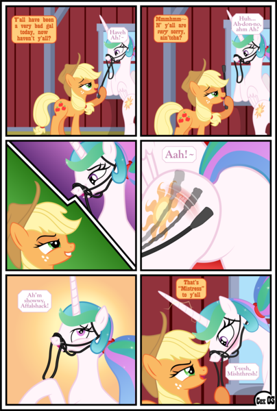 Size: 3255x4838 | Tagged: questionable, artist:gutovi, derpibooru import, applejack, princess celestia, alicorn, earth pony, pony, comic:why me!?, alternate ending, alternate hairstyle, appledom, applejack is a spankaholic, applelestia, barn, bit gag, blushing, booty slap, bridle, comic, dominatrix, featureless crotch, female, femdom, femsub, freckles, from behind, gag, lesbian, looking back, looking over shoulder, missing accessory, nudity, pigtails, reins, riding crop, shipping, sitting, spank mark, spanking, sublestia, submissive, sweet apple acres, tack, tongue out, window